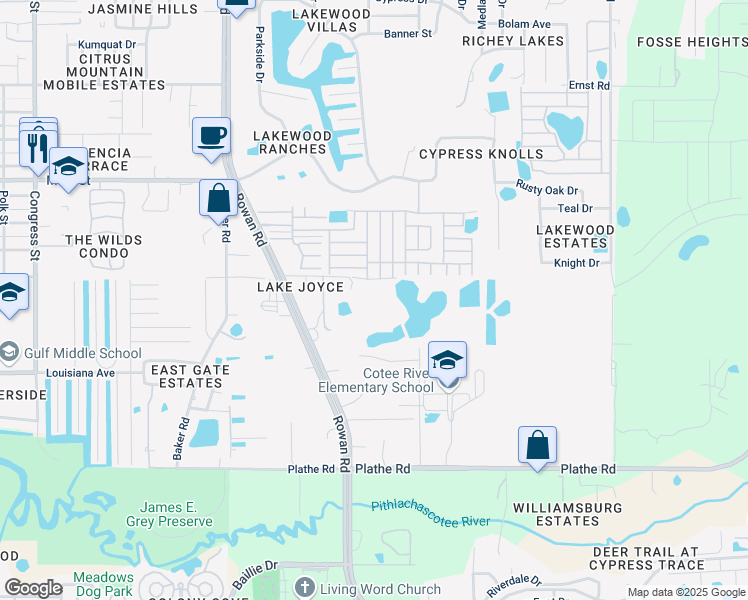 map of restaurants, bars, coffee shops, grocery stores, and more near 7322 Alure Lane in New Port Richey