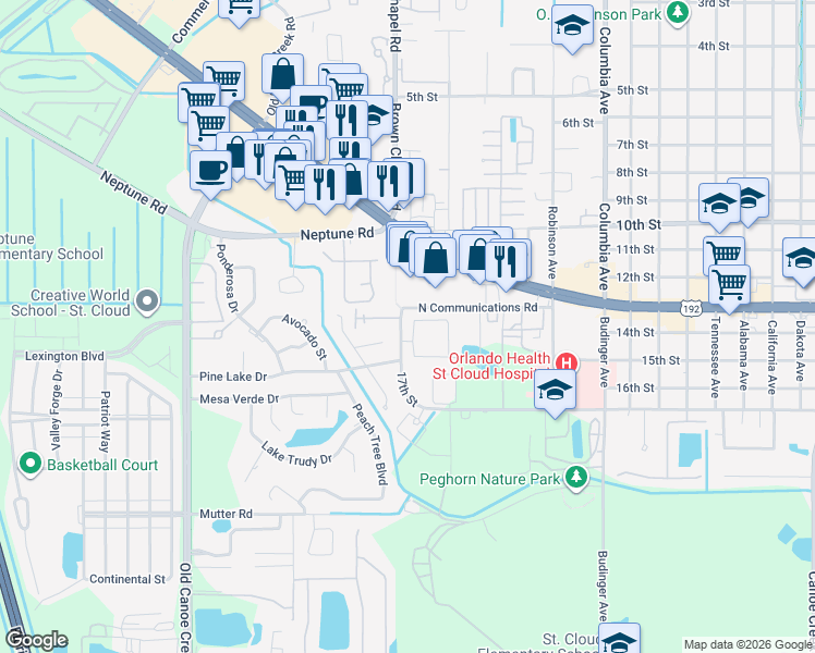map of restaurants, bars, coffee shops, grocery stores, and more near 3415 Celena Circle in St. Cloud