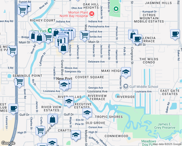 map of restaurants, bars, coffee shops, grocery stores, and more near 6027 Wyoming Avenue in New Port Richey