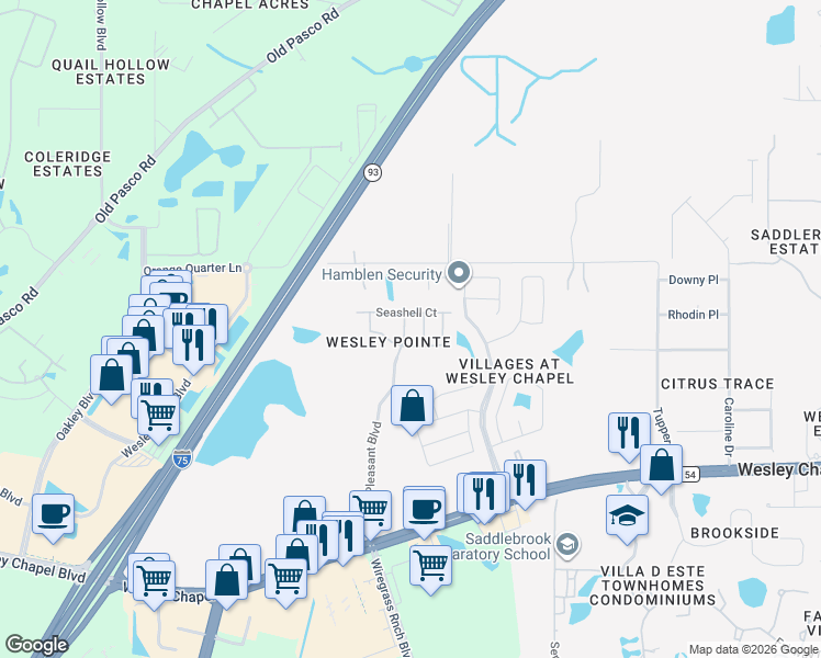 map of restaurants, bars, coffee shops, grocery stores, and more near 6036 Pointe Pleasant Boulevard in Wesley Chapel