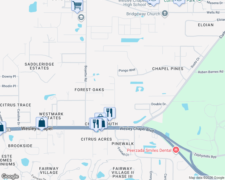 map of restaurants, bars, coffee shops, grocery stores, and more near 30268 Vienna Woods Lane in Wesley Chapel