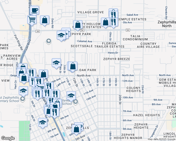 map of restaurants, bars, coffee shops, grocery stores, and more near 6014 14th Street in Zephyrhills