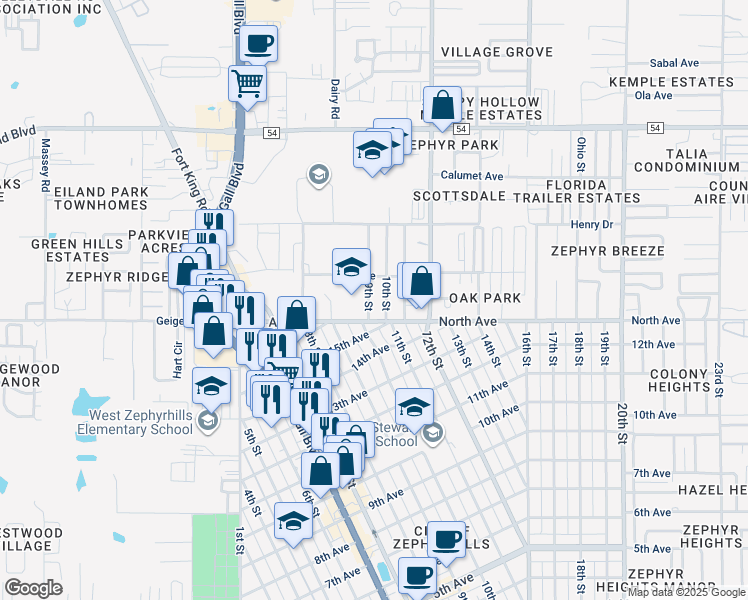 map of restaurants, bars, coffee shops, grocery stores, and more near 6015 10th Street in Zephyrhills