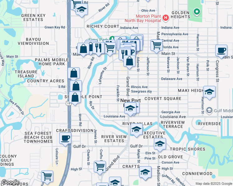 map of restaurants, bars, coffee shops, grocery stores, and more near 5702 Wyoming Avenue in New Port Richey
