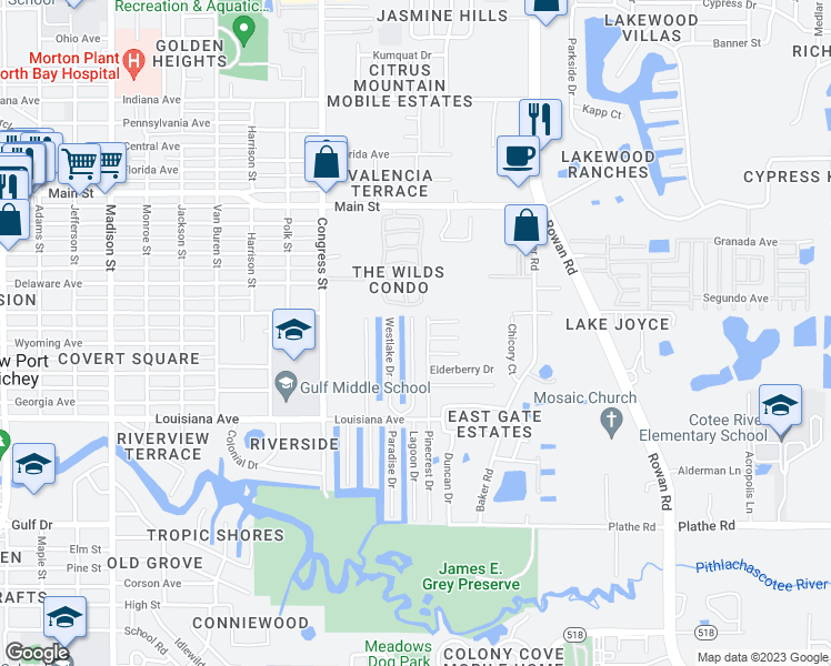 map of restaurants, bars, coffee shops, grocery stores, and more near 5915 Eastlake Drive in New Port Richey