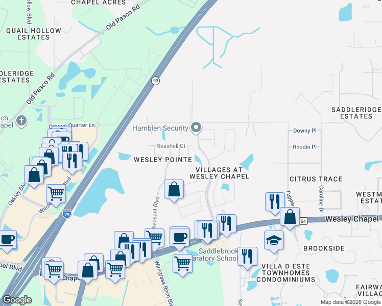 map of restaurants, bars, coffee shops, grocery stores, and more near 5833 Sand Key Lane in Wesley Chapel