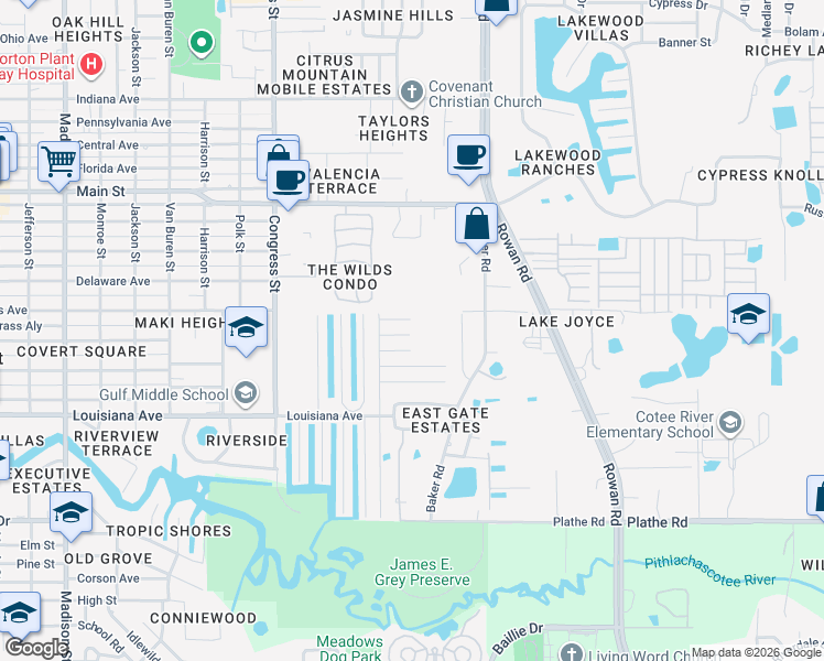 map of restaurants, bars, coffee shops, grocery stores, and more near 6801 Huckleberry Drive in New Port Richey