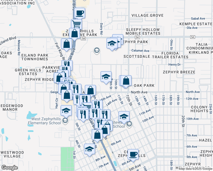 map of restaurants, bars, coffee shops, grocery stores, and more near 38303 North Avenue in Zephyrhills