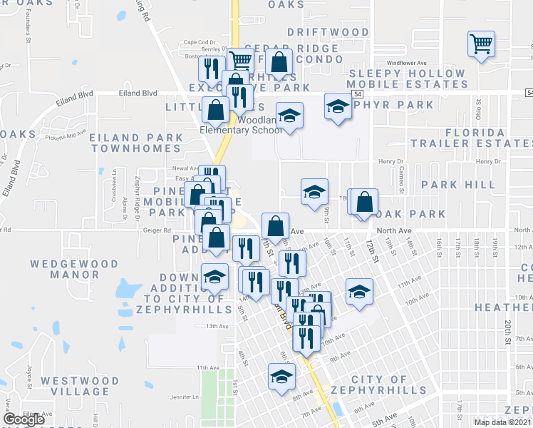 map of restaurants, bars, coffee shops, grocery stores, and more near 38032 Postal Drive in Zephyrhills