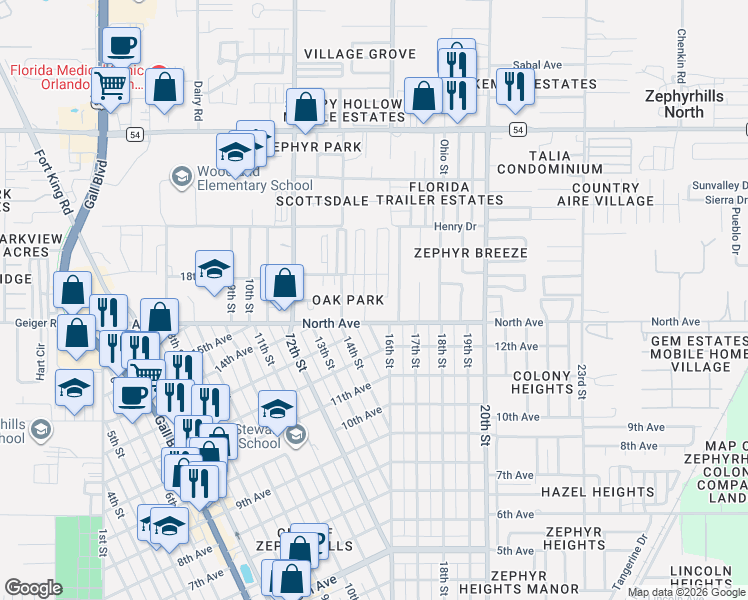 map of restaurants, bars, coffee shops, grocery stores, and more near 38718 Rose Lane in Zephyrhills