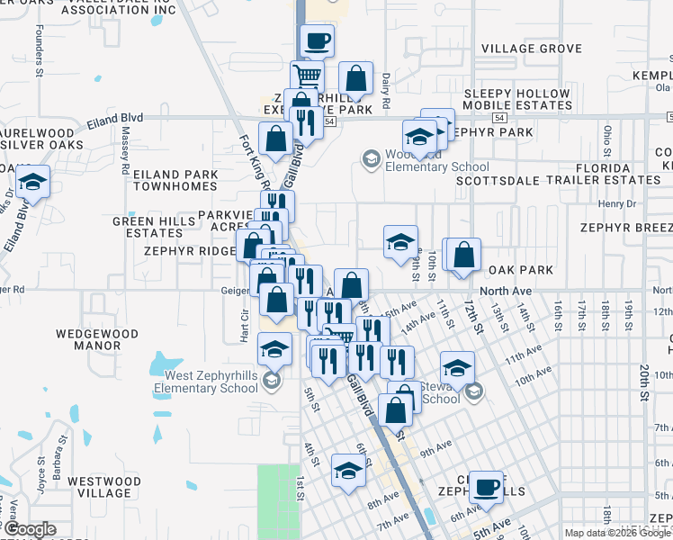 map of restaurants, bars, coffee shops, grocery stores, and more near 38121 North Avenue in Zephyrhills