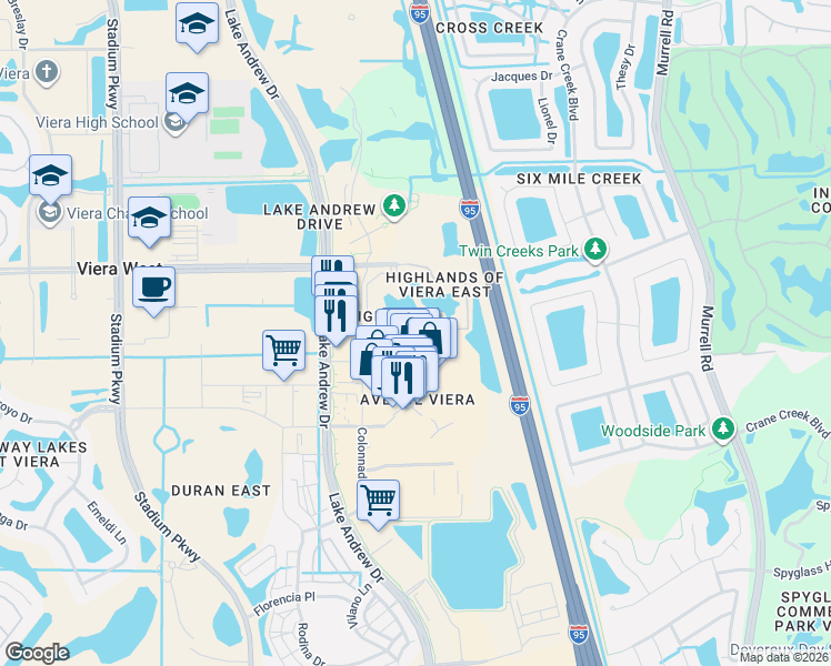 map of restaurants, bars, coffee shops, grocery stores, and more near 6450 Borasco Drive in Melbourne