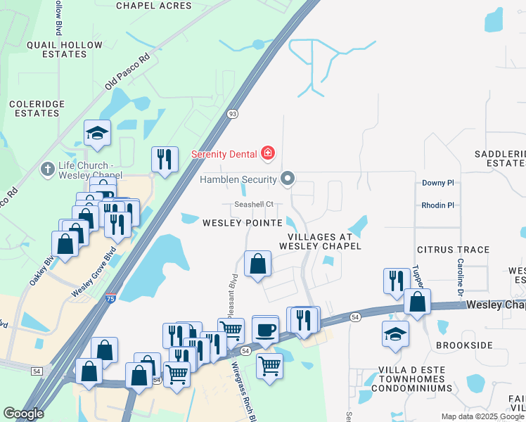map of restaurants, bars, coffee shops, grocery stores, and more near 6101 White Sails Drive in Wesley Chapel