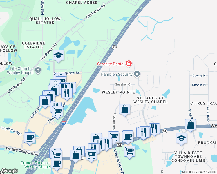 map of restaurants, bars, coffee shops, grocery stores, and more near 6115 Sand Key Lane in Wesley Chapel