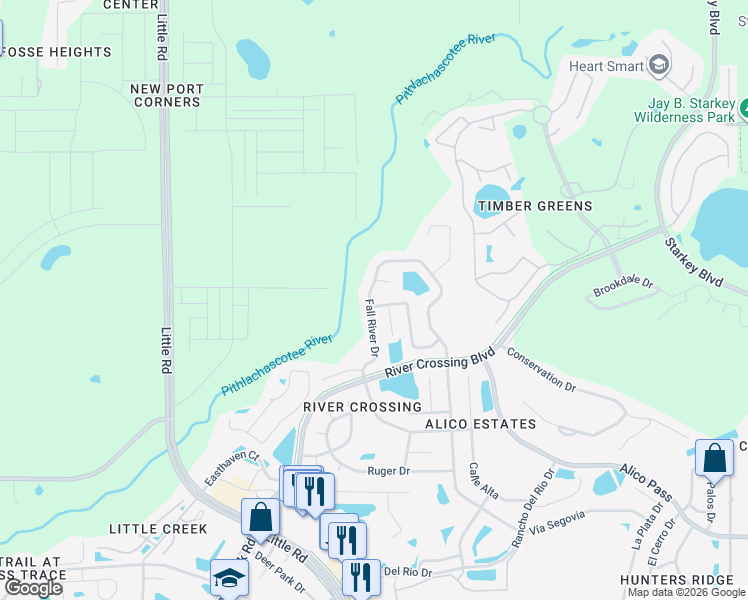 map of restaurants, bars, coffee shops, grocery stores, and more near 9025 Remington Drive in New Port Richey