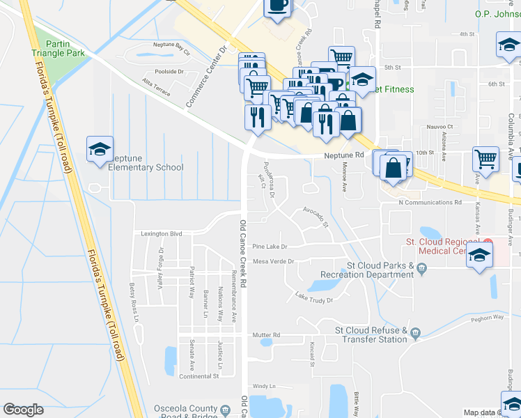 map of restaurants, bars, coffee shops, grocery stores, and more near 4229 Memory Lane in St. Cloud
