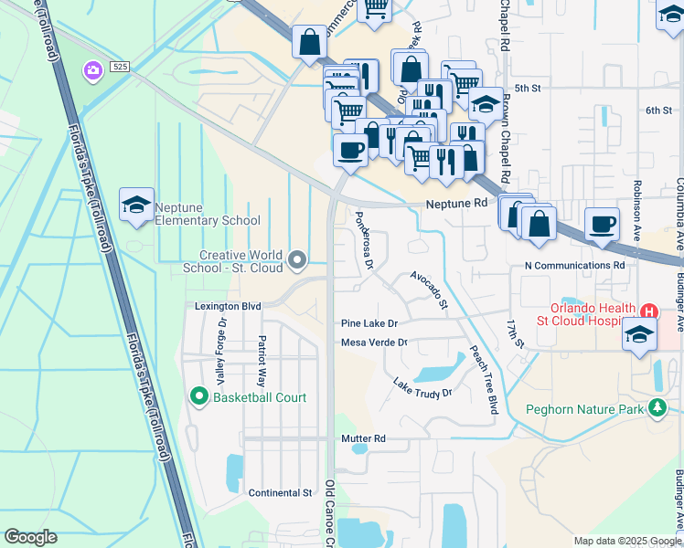 map of restaurants, bars, coffee shops, grocery stores, and more near Old Canoe Creek Road in St. Cloud