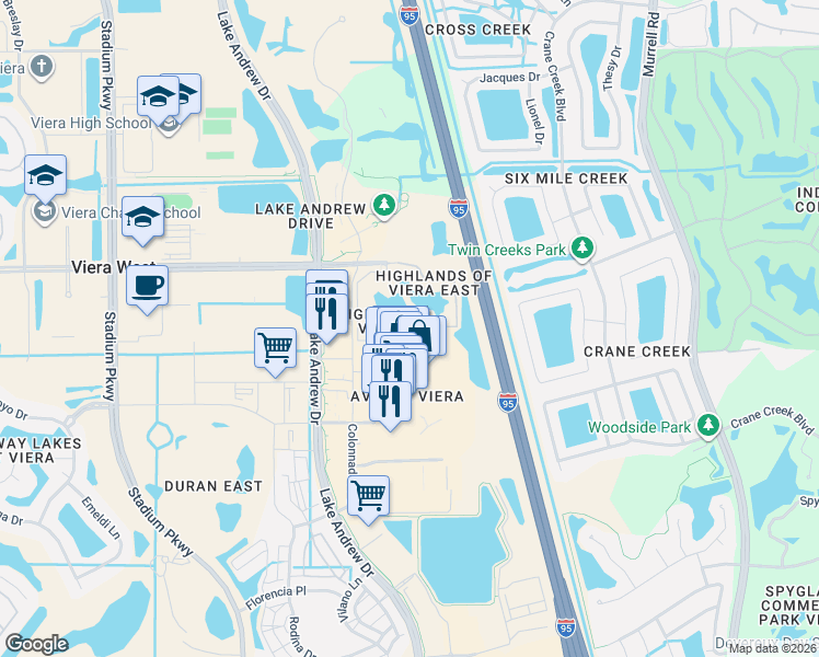 map of restaurants, bars, coffee shops, grocery stores, and more near 6470 Borasco Drive in Melbourne