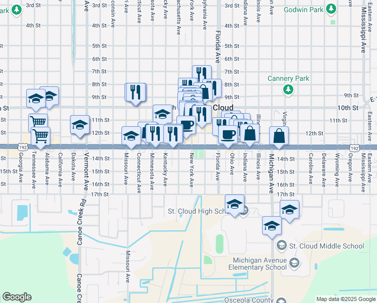 map of restaurants, bars, coffee shops, grocery stores, and more near in St. Cloud
