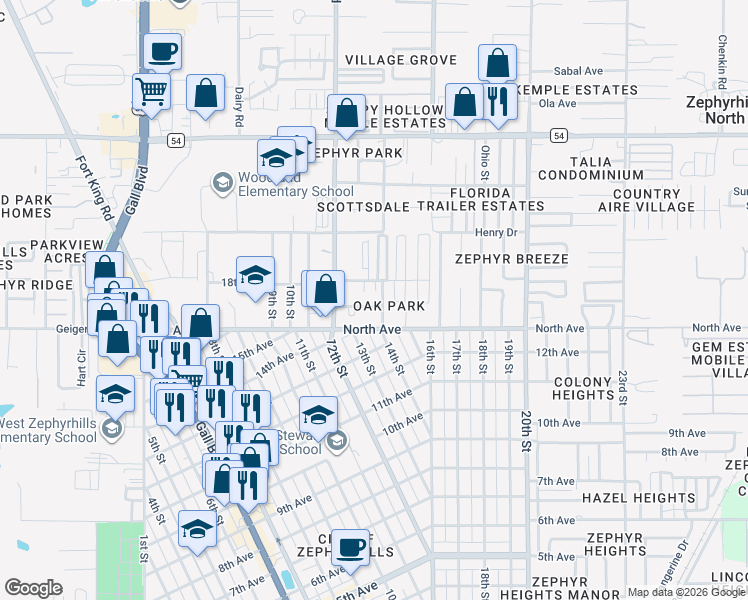 map of restaurants, bars, coffee shops, grocery stores, and more near 38520 Naomi Avenue in Zephyrhills