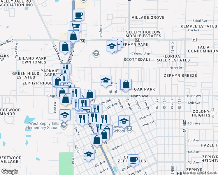 map of restaurants, bars, coffee shops, grocery stores, and more near 38303 North Avenue in Zephyrhills