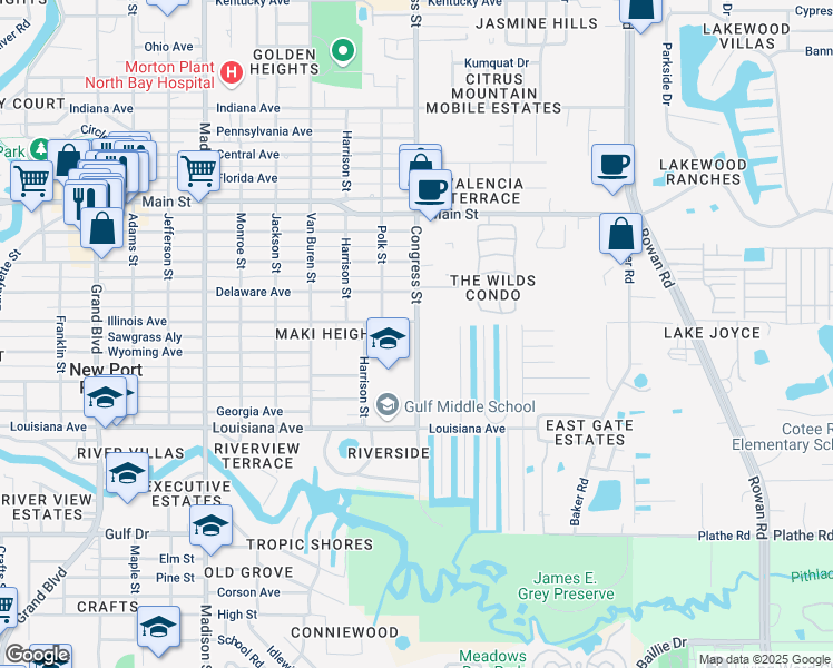 map of restaurants, bars, coffee shops, grocery stores, and more near 5844 Congress Street in New Port Richey