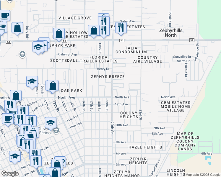 map of restaurants, bars, coffee shops, grocery stores, and more near 6013 Green Drive in Zephyrhills