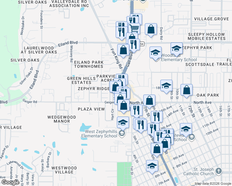 map of restaurants, bars, coffee shops, grocery stores, and more near 6014 Minerva Street in Zephyrhills