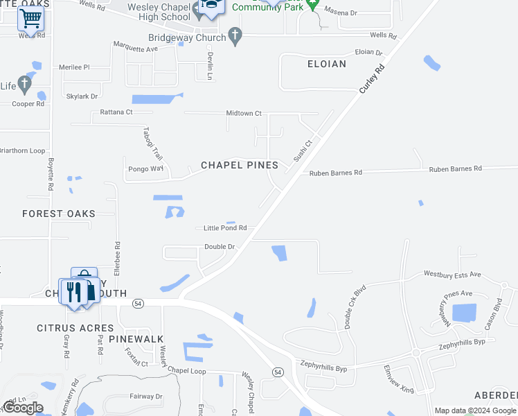 map of restaurants, bars, coffee shops, grocery stores, and more near 6101 School House Court in Wesley Chapel