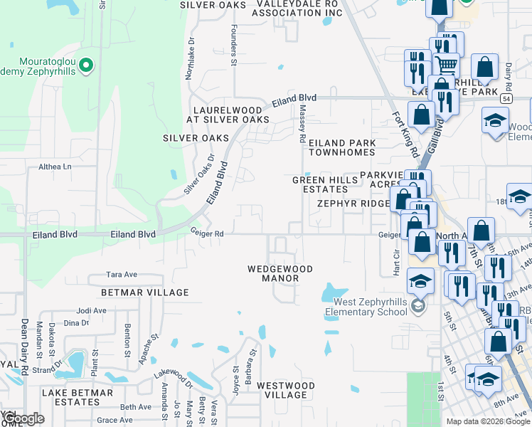 map of restaurants, bars, coffee shops, grocery stores, and more near 6020 Hazelwood Drive in Zephyrhills