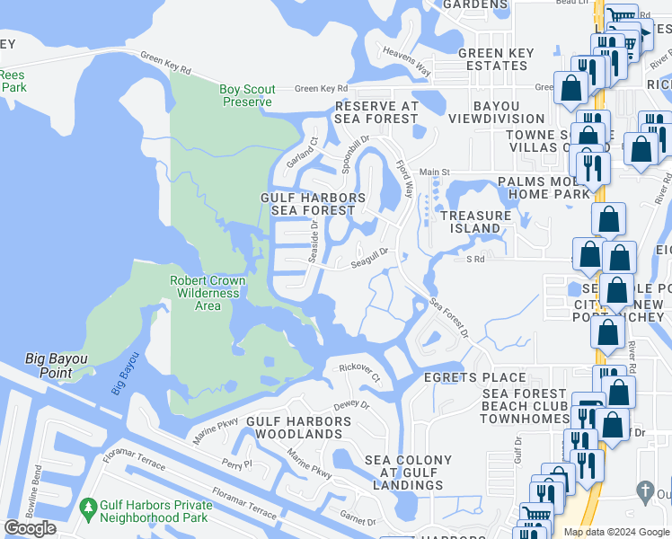 map of restaurants, bars, coffee shops, grocery stores, and more near 4357 Seagull Drive in New Port Richey