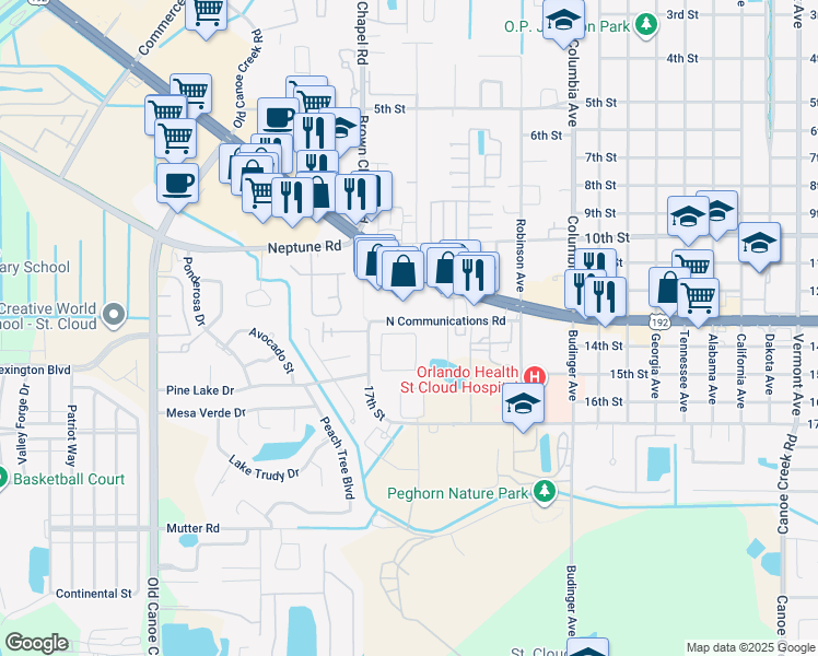 map of restaurants, bars, coffee shops, grocery stores, and more near 3381 Celena Circle in Saint Cloud