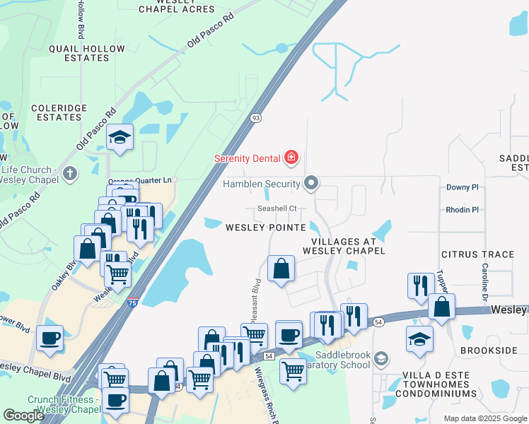 map of restaurants, bars, coffee shops, grocery stores, and more near 28552 Seashell Court in Wesley Chapel