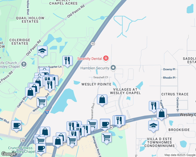 map of restaurants, bars, coffee shops, grocery stores, and more near 28619 Seashell Court in Wesley Chapel