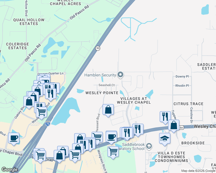 map of restaurants, bars, coffee shops, grocery stores, and more near 28632 Seashell Court in Wesley Chapel