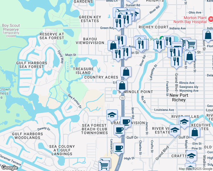 map of restaurants, bars, coffee shops, grocery stores, and more near 5102 South Road in New Port Richey