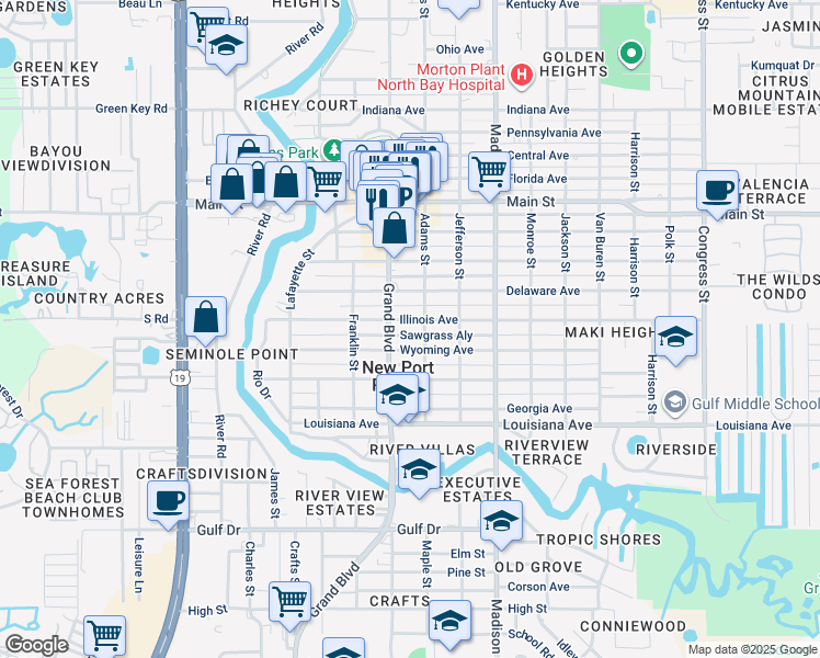 map of restaurants, bars, coffee shops, grocery stores, and more near 5743 Illinois Avenue in New Port Richey