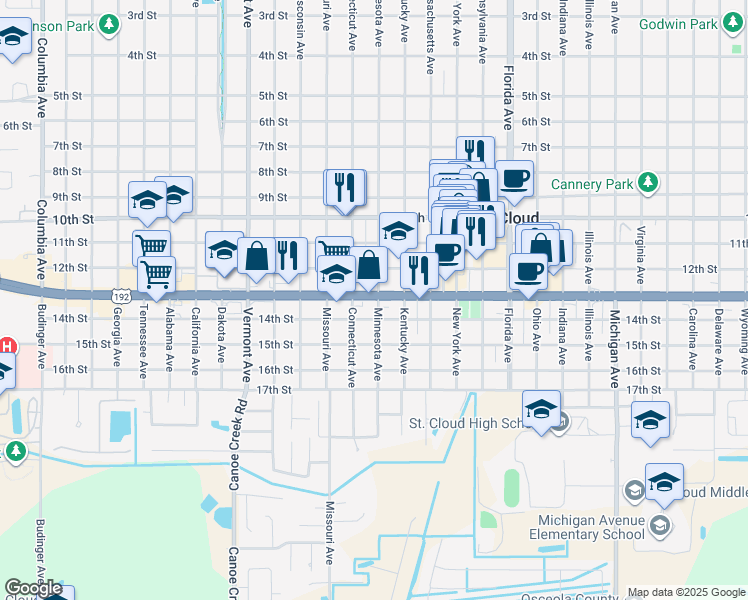 map of restaurants, bars, coffee shops, grocery stores, and more near 1524 13th Street in Saint Cloud
