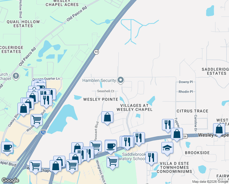 map of restaurants, bars, coffee shops, grocery stores, and more near 6341 Ashfield Place in Wesley Chapel