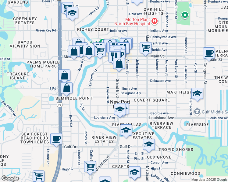 map of restaurants, bars, coffee shops, grocery stores, and more near 5649 Illinois Avenue in New Port Richey