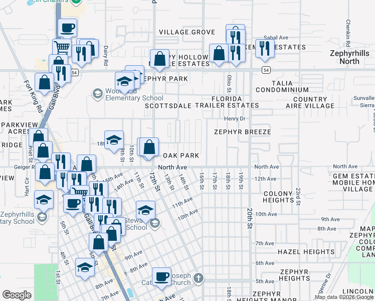 map of restaurants, bars, coffee shops, grocery stores, and more near 6116 Linnet Street in Zephyrhills
