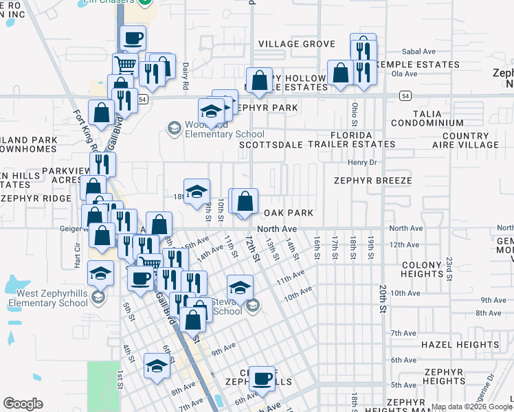 map of restaurants, bars, coffee shops, grocery stores, and more near 6038 12th Street in Zephyrhills