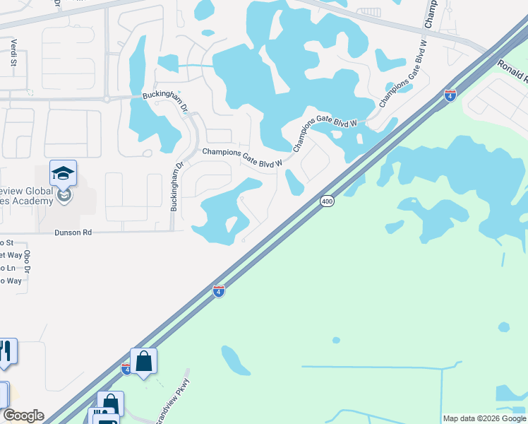 map of restaurants, bars, coffee shops, grocery stores, and more near Florida 400 in Davenport