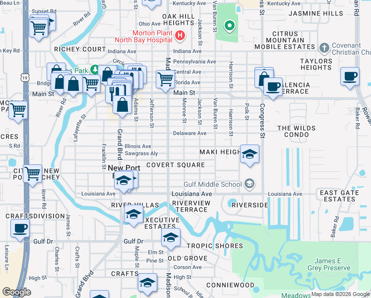 map of restaurants, bars, coffee shops, grocery stores, and more near 6050 Illinois Avenue in New Port Richey