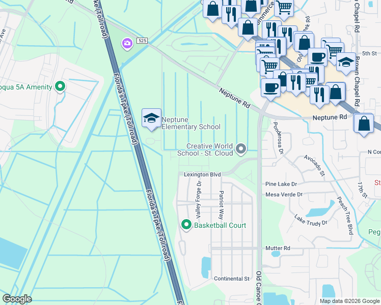 map of restaurants, bars, coffee shops, grocery stores, and more near Betsy Ross Lane in St. Cloud