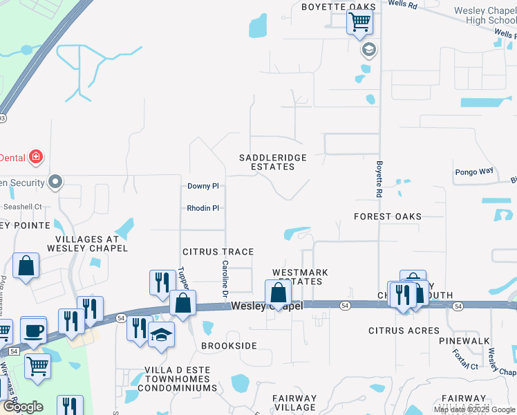 map of restaurants, bars, coffee shops, grocery stores, and more near 6201 Bridleford Drive in Wesley Chapel