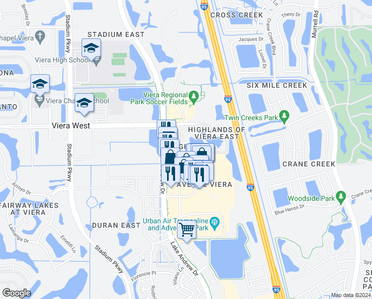map of restaurants, bars, coffee shops, grocery stores, and more near 6431 Borasco Drive in Melbourne
