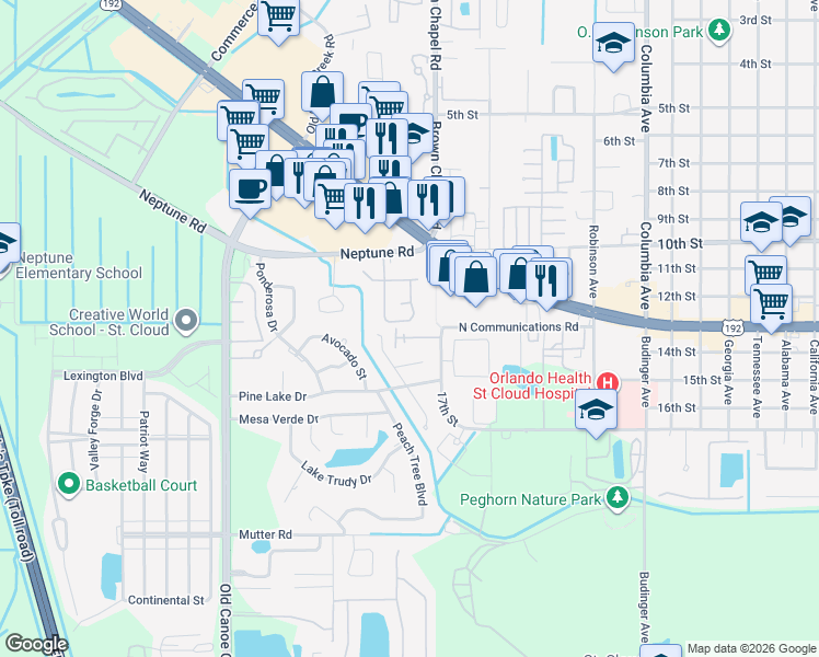 map of restaurants, bars, coffee shops, grocery stores, and more near 1137 Monroe Avenue in St. Cloud
