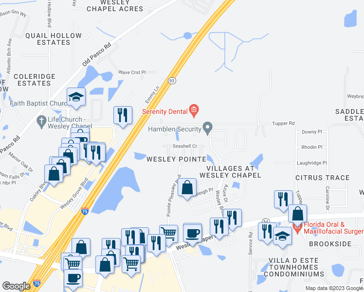map of restaurants, bars, coffee shops, grocery stores, and more near 28620 Seashell Court in Wesley Chapel