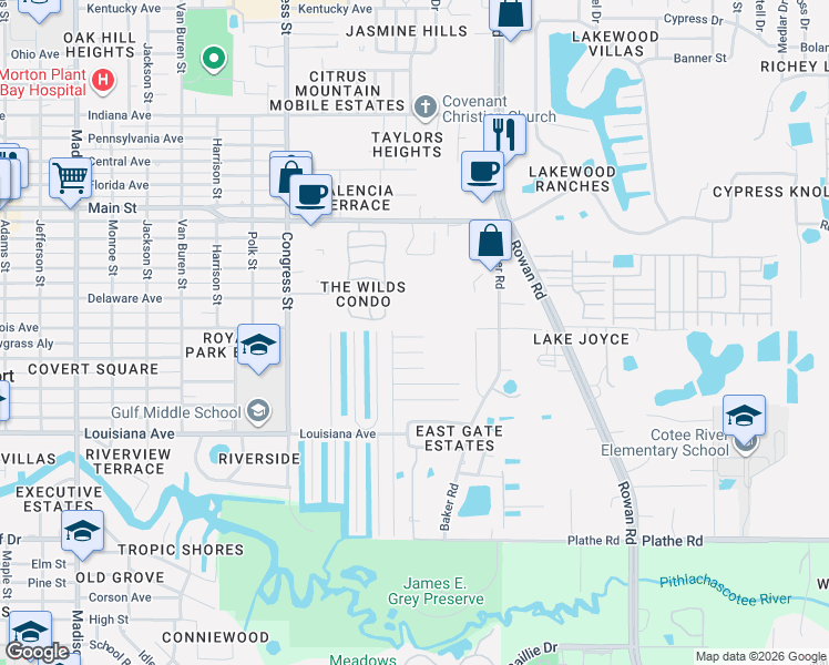 map of restaurants, bars, coffee shops, grocery stores, and more near 6801 Strawberry Drive in New Port Richey